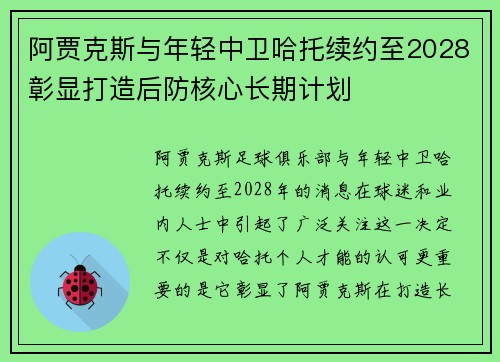 阿贾克斯与年轻中卫哈托续约至2028彰显打造后防核心长期计划